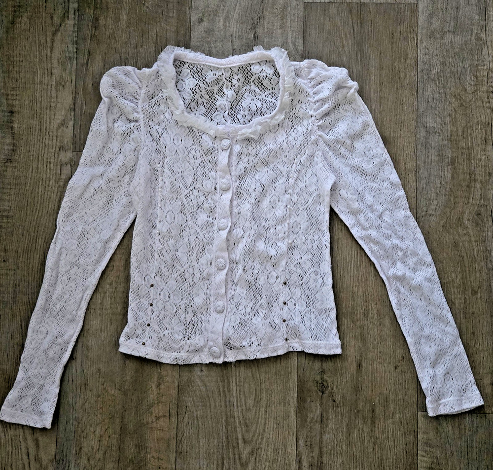 White Lace Ruffle Long Sleeve Button Top Boho Festival Cottagecore Fairy Sz M